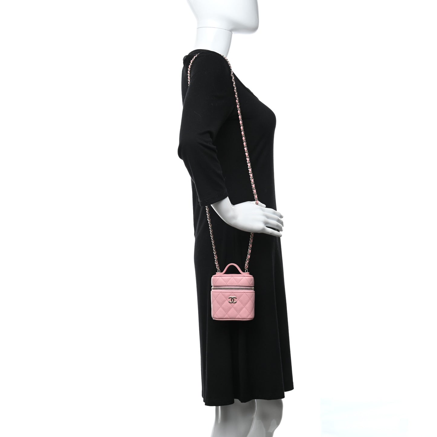 Caviar Quilted Small Handle With Care Vanity Case With Chain Pink