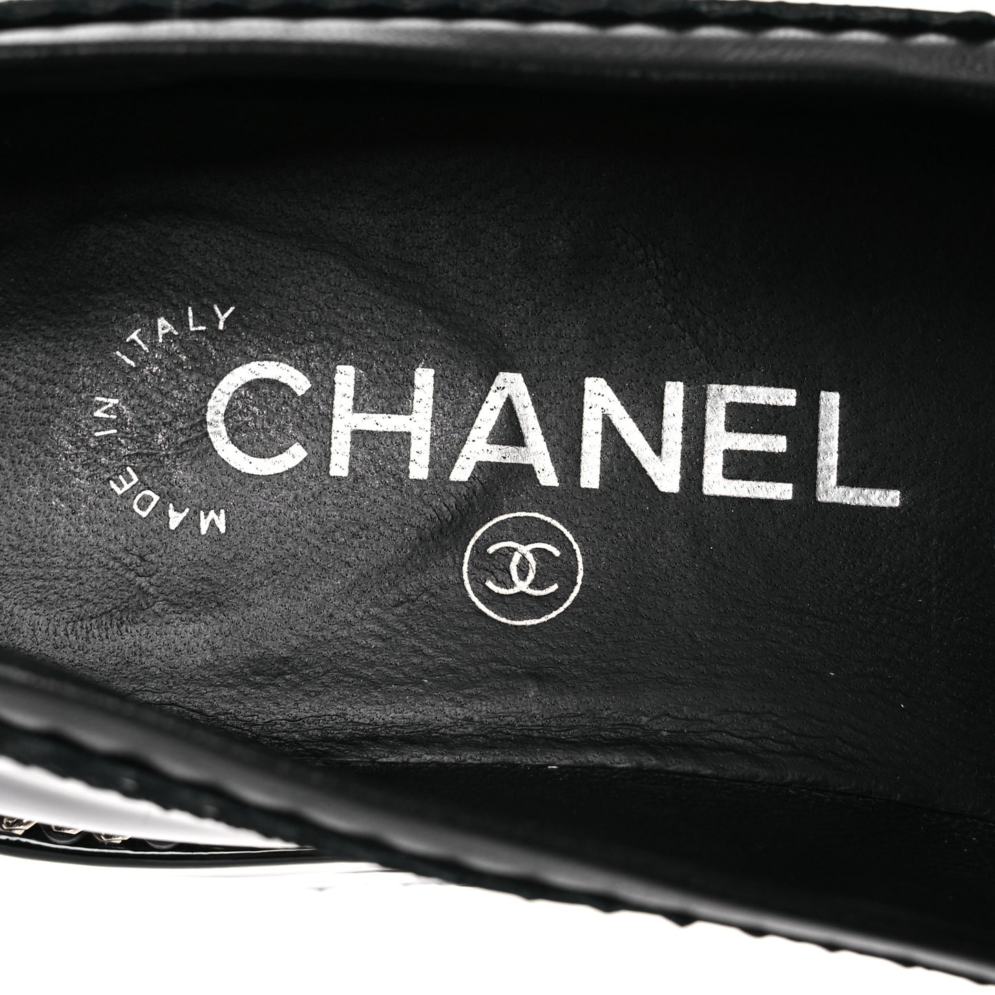 Patent Lambskin CC Chain Mocassin Loafers 37 Black