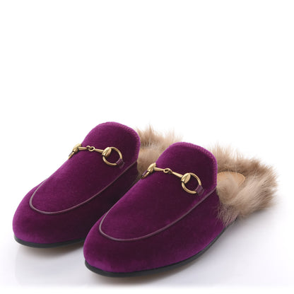 Gucci Velvet Fur Womens Princetown Slippers 35 Fucsia Violet Cyclamen Natural 3 of 8