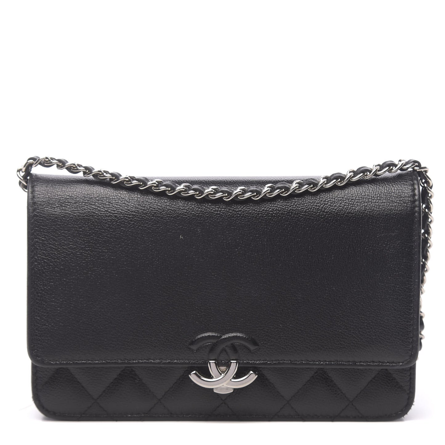 Grained Calfskin Quilted CC Box Wallet On Chain WOC Black