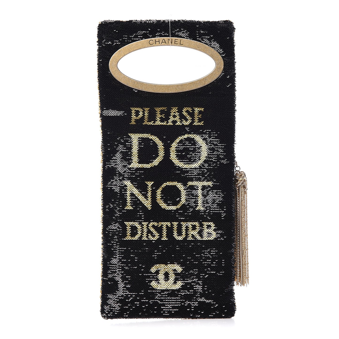 Sequin Do Not Disturb Minaudiere Clutch Black Gold