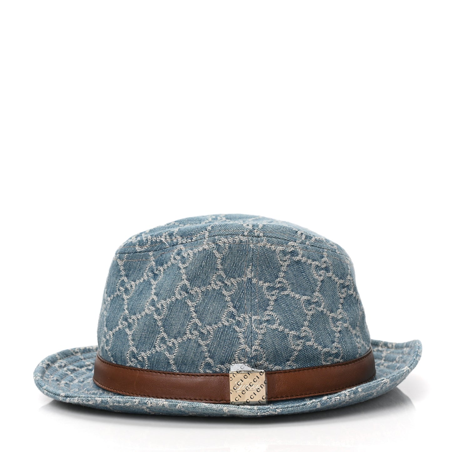 Washed Jacquard Denim Nappa GG Monogram Fedora Hat S Denim Cuir
