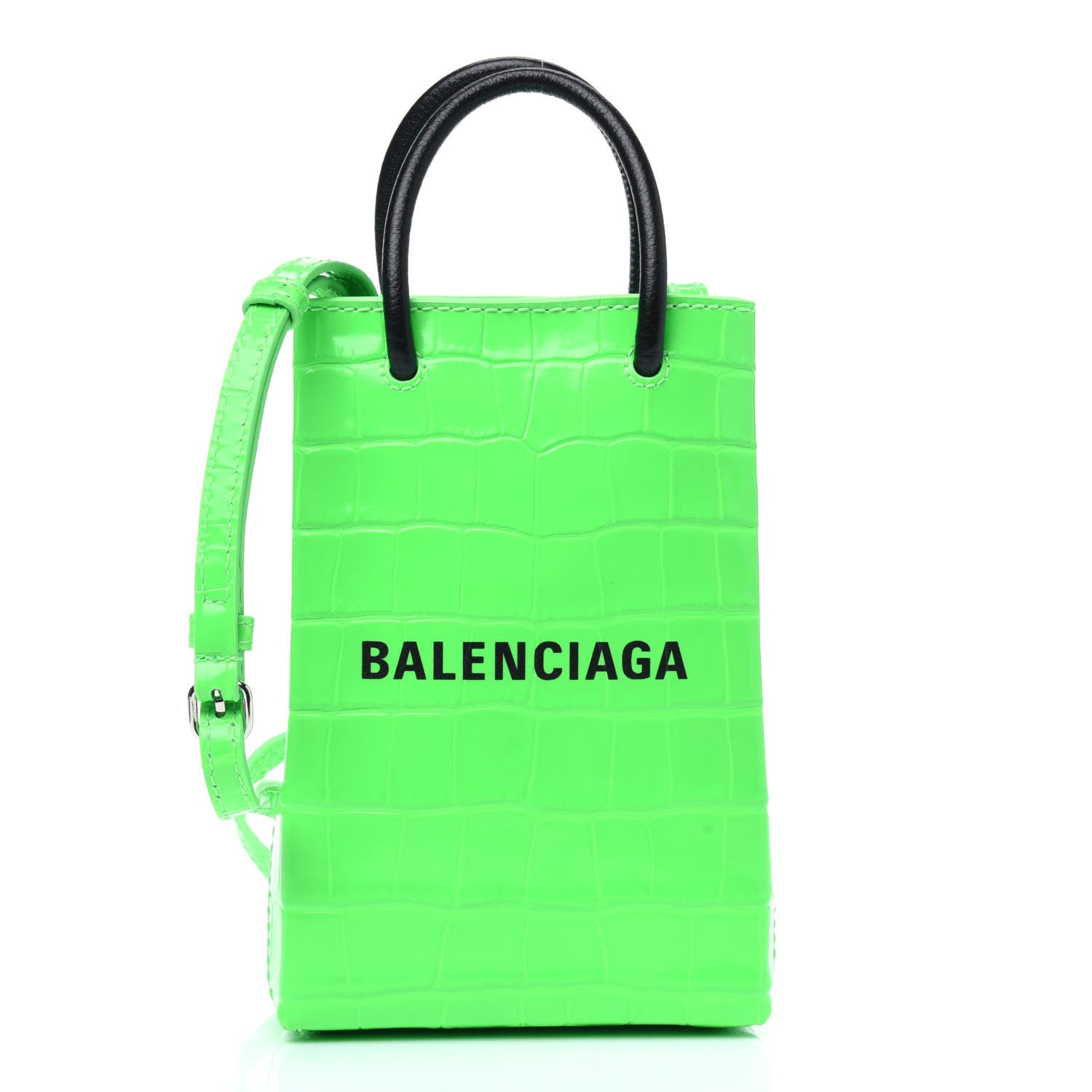 Balenciaga Shiny Calfskin Crocodile Embossed Logo Shopping Phone Holder Bag Fluo Green Black 1 of 14