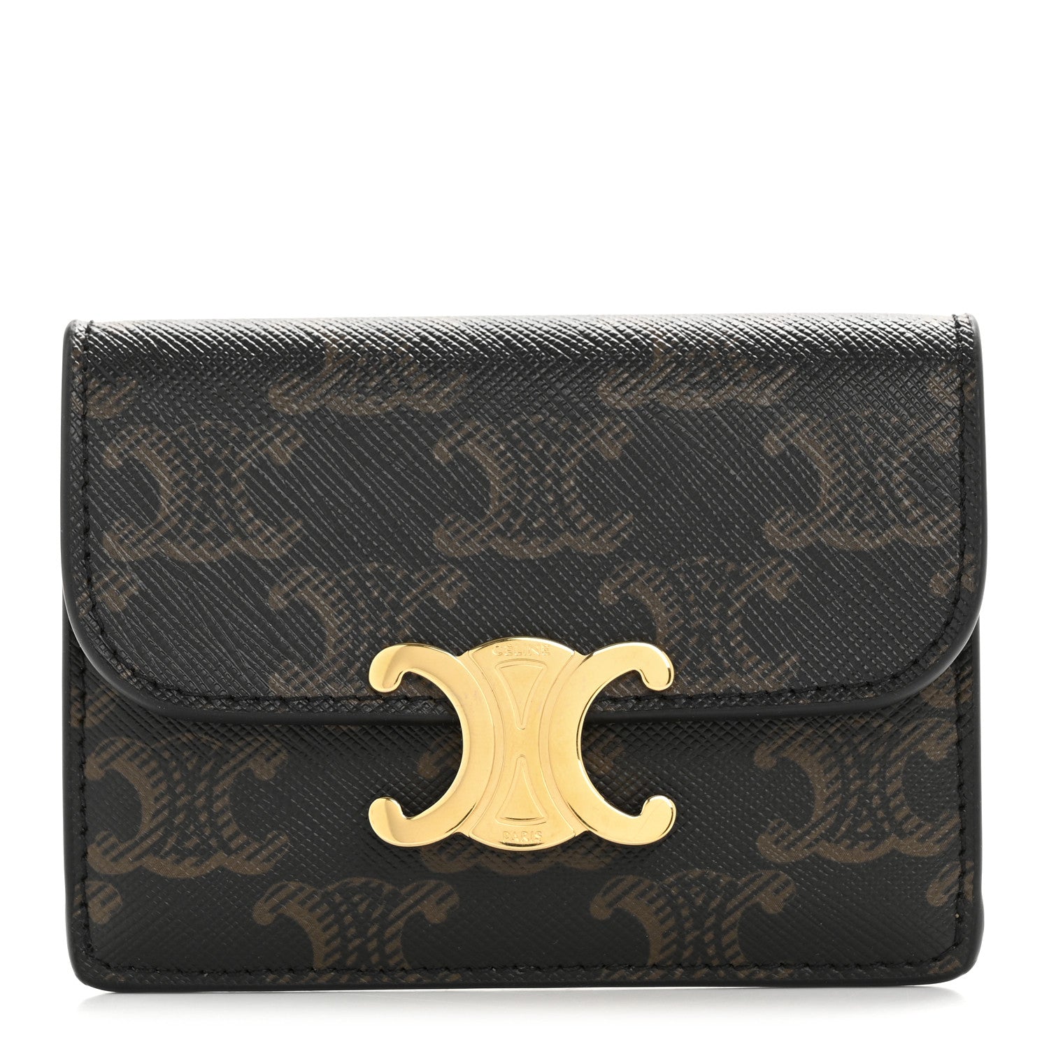 Celine Triomphe Canvas Calfskin Flap Card Holder Tan 1 of 10