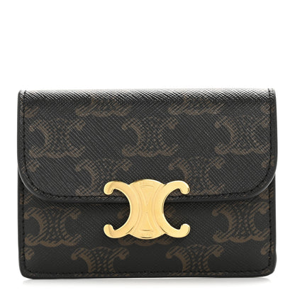 Celine Triomphe Canvas Calfskin Flap Card Holder Tan 1 of 10