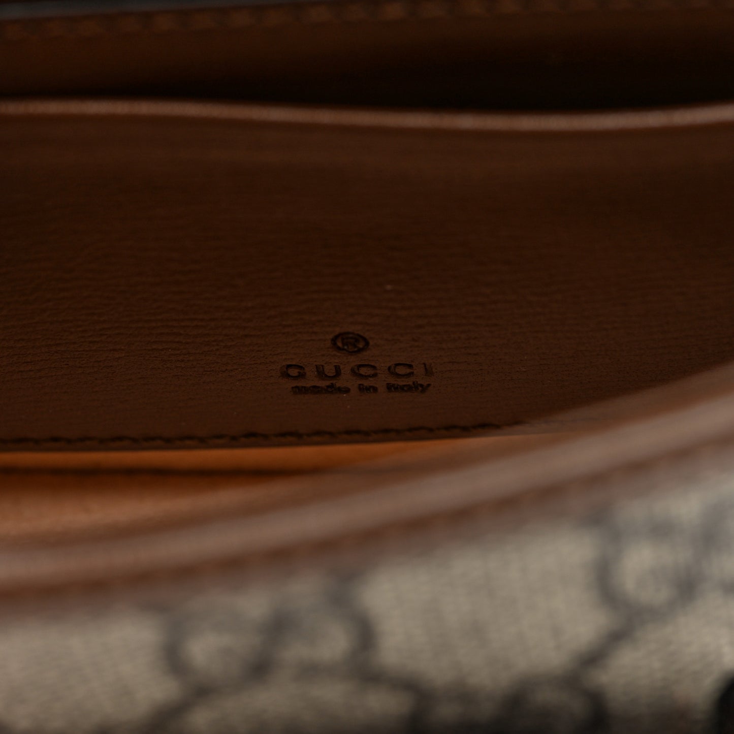GG Supreme Monogram Azalea Calfskin Web Horsebit 1955 Wallet On Strap Beige Ebony Brown Sugar