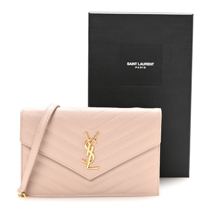 Saint Laurent Grain De Poudre Matelasse Chevron Monogram Envelope Chain Wallet Rose Antic 11 of 11
