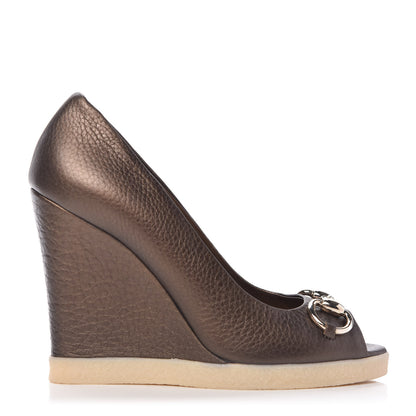 Gucci Metallic Cellarius Calfskin Horsebit Wedges 36 Winter Leaf 1 of 10