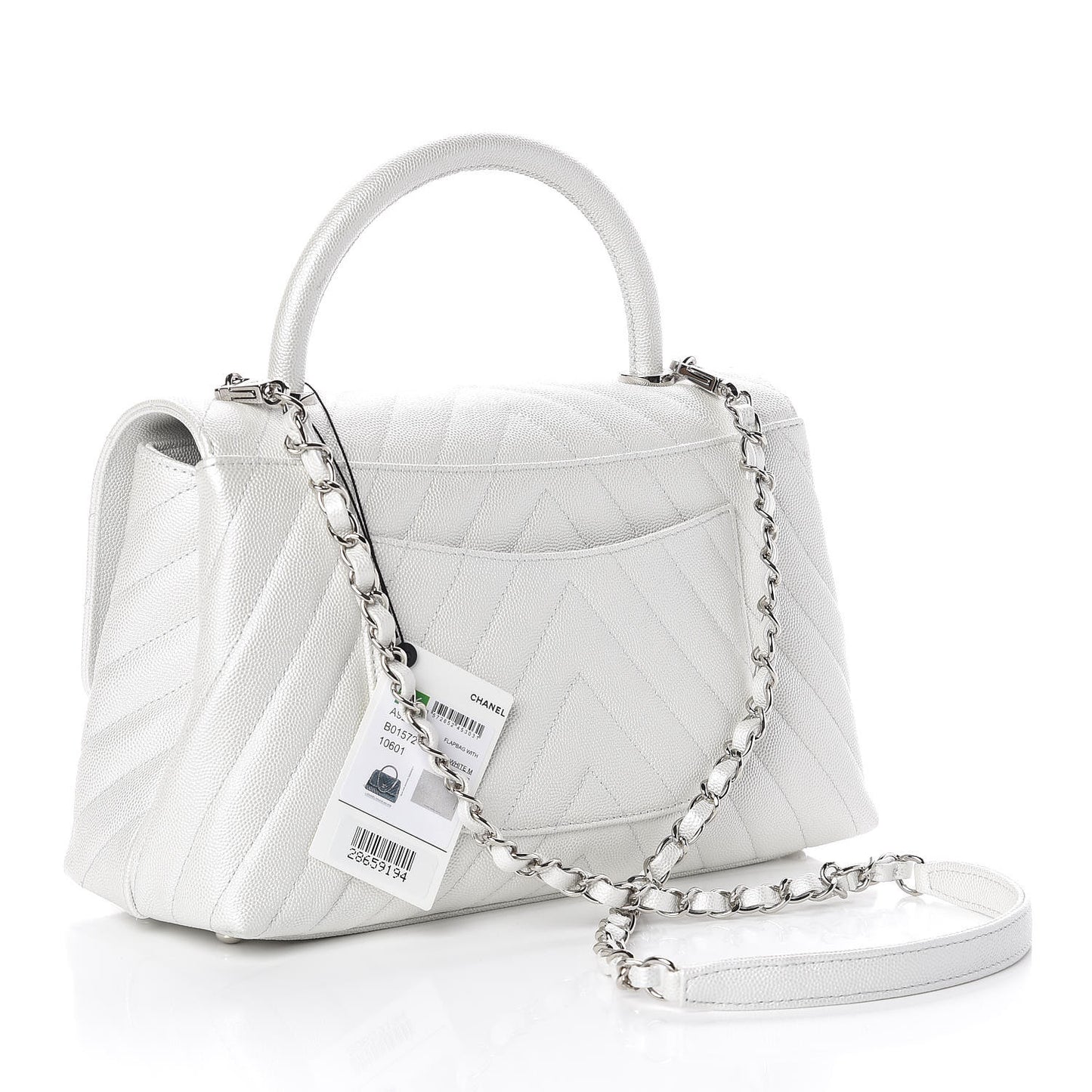 Iridescent Caviar Chevron Quilted Small Coco Handle Flap White