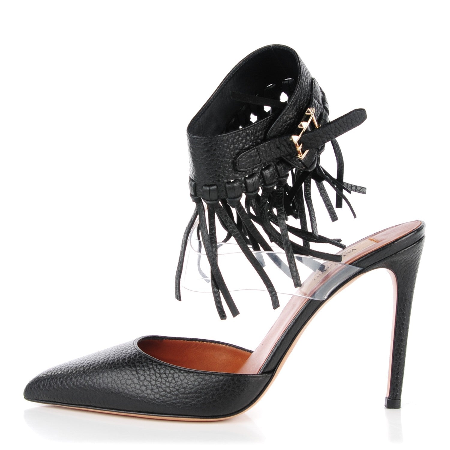 Valentino Garavani Grained Calfskin Fringe Illusion Ankle Wrap Pumps 36 Black 1 of 9