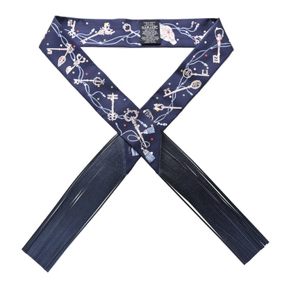Hermes Silk Metallic Agneau Les Cles A Pois Fringed Twilly Bleu Marine Gris Argent Multicolor 1 of 4