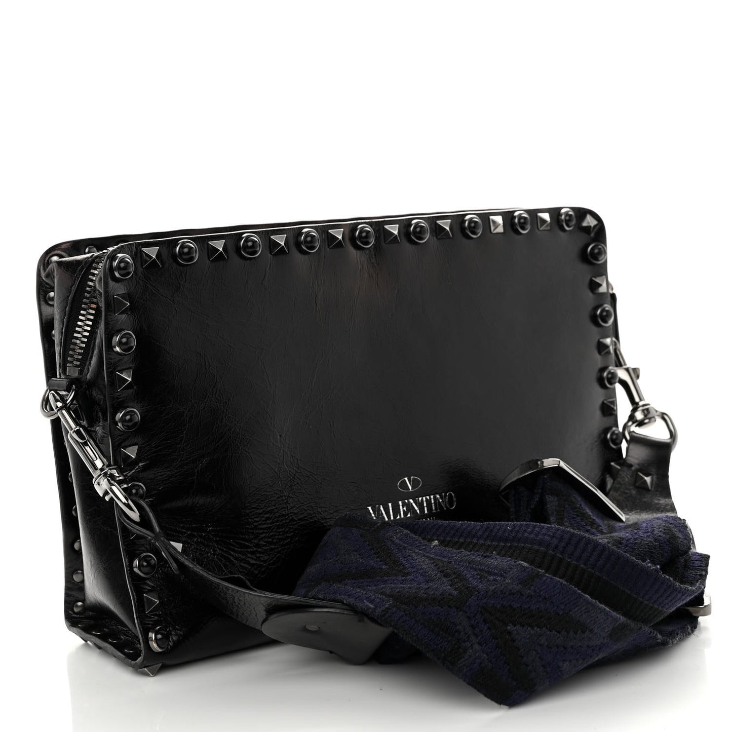 Craquele Calfskin Small Guitar Strap Rockstud Rolling Flap Pocket Shoulder Bag Black