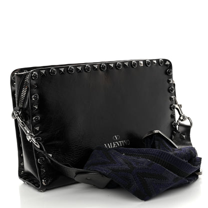 Valentino Garavani Craquele Calfskin Small Guitar Strap Rockstud Rolling Flap Pocket Shoulder Bag Black 3 of 12
