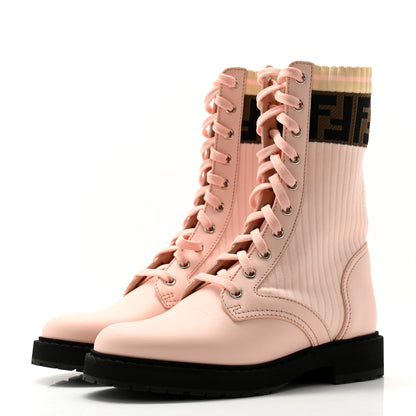 Fendi Calfskin Stretch Fabric Rockoko Biker Boots 36.5 Rose Clair Tobacco 3 of 8