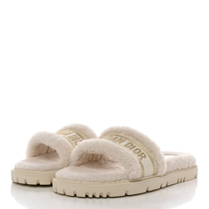 Christian Dior Shearling Canvas Lurex Embroidered Dway 10mm Slide Sandals 40 Natural Platinum 3 of 8