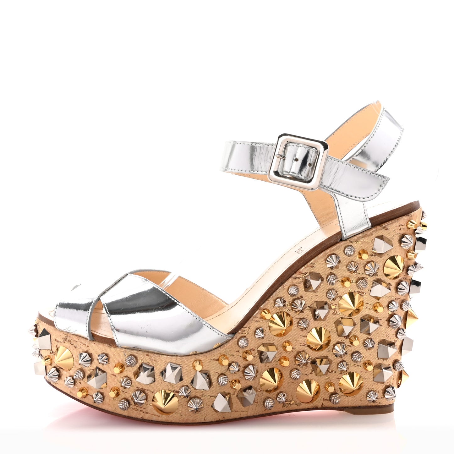 Calfskin Lame Cork Almericca 120 Studded Wedge Sandals 40 Silver