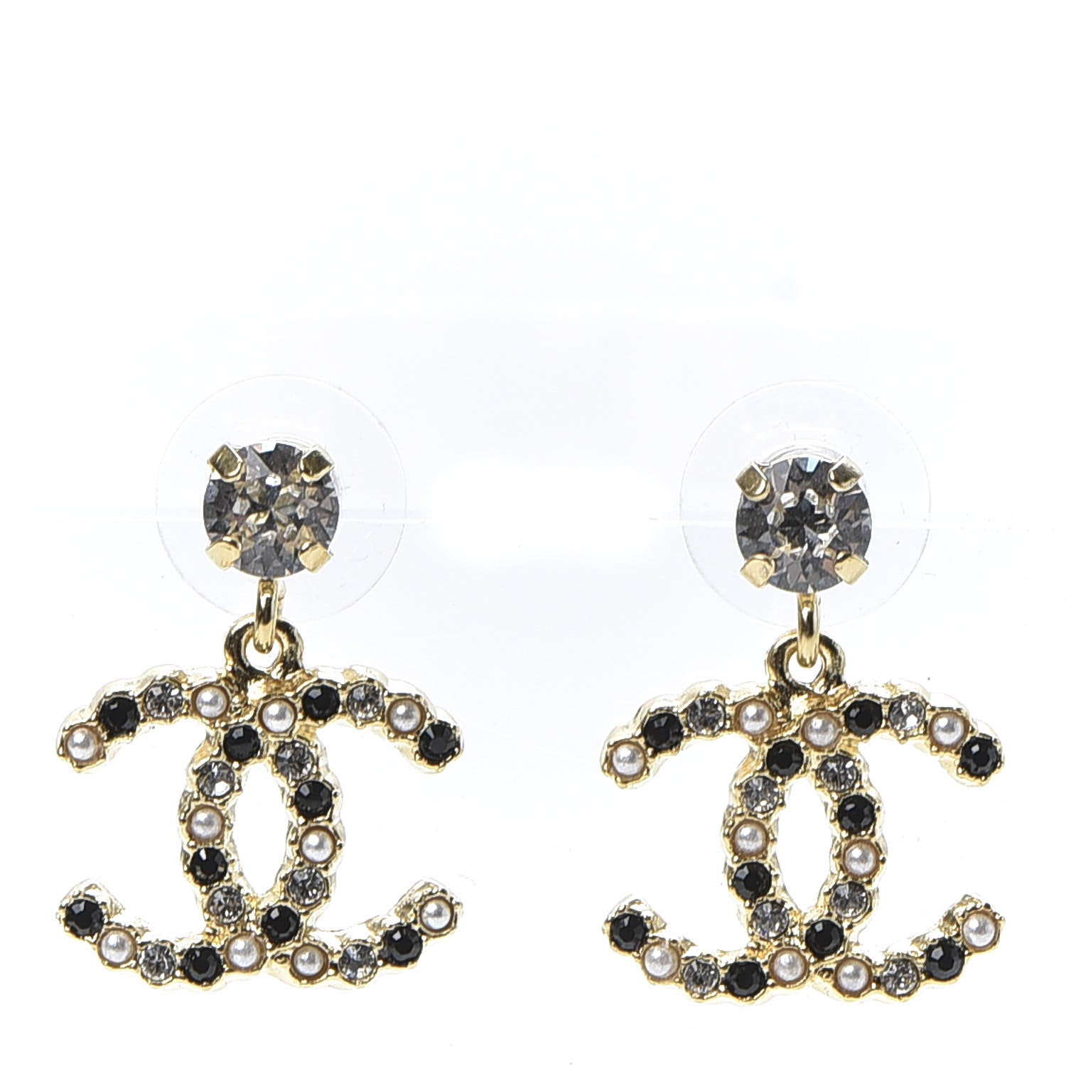 Chanel Resin Crystal Pearl CC Drop Earrings Gold Black 1 of 5