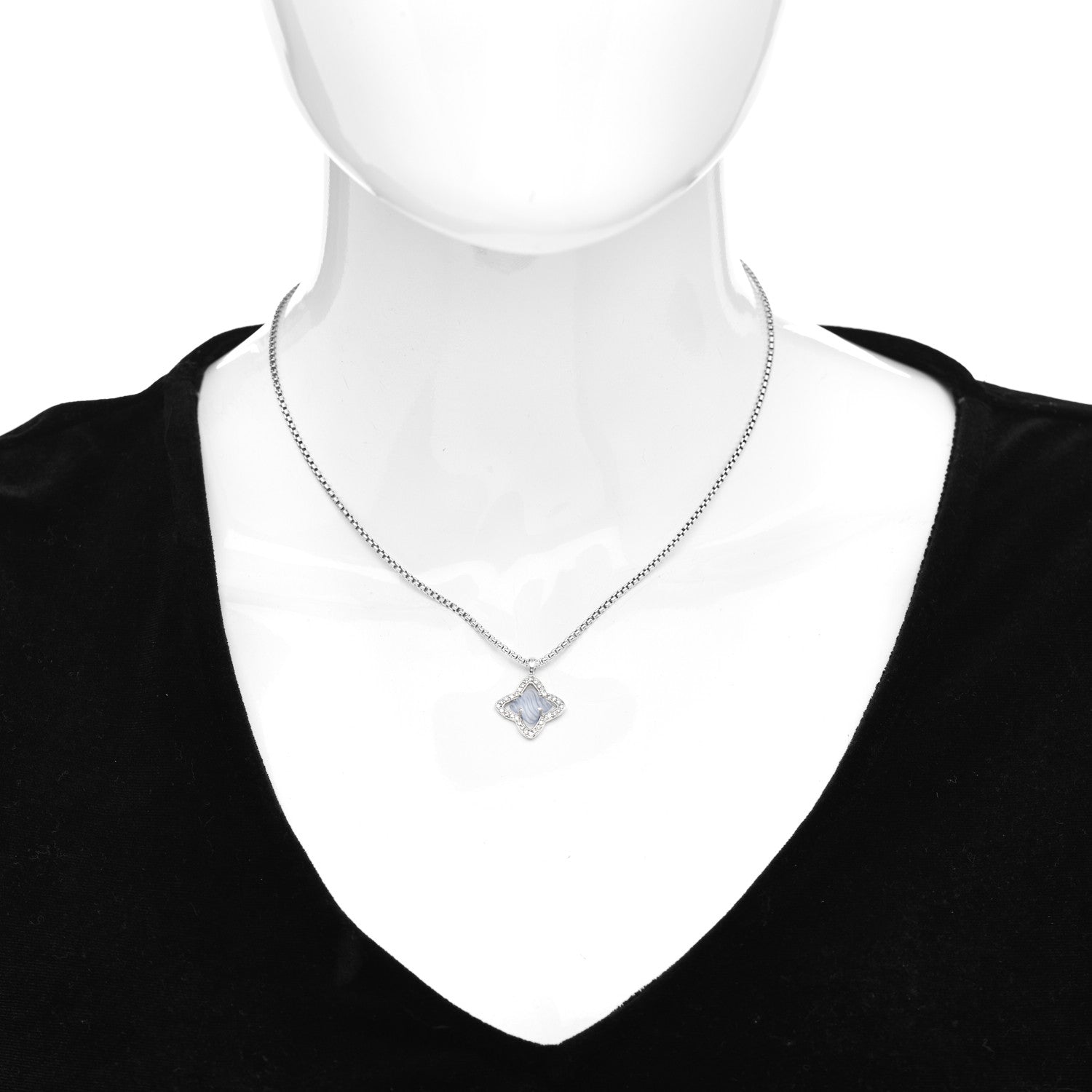 David Yurman Sterling Silver Diamond Chalcedony Quatrefoil Pendant Necklace 2 of 4