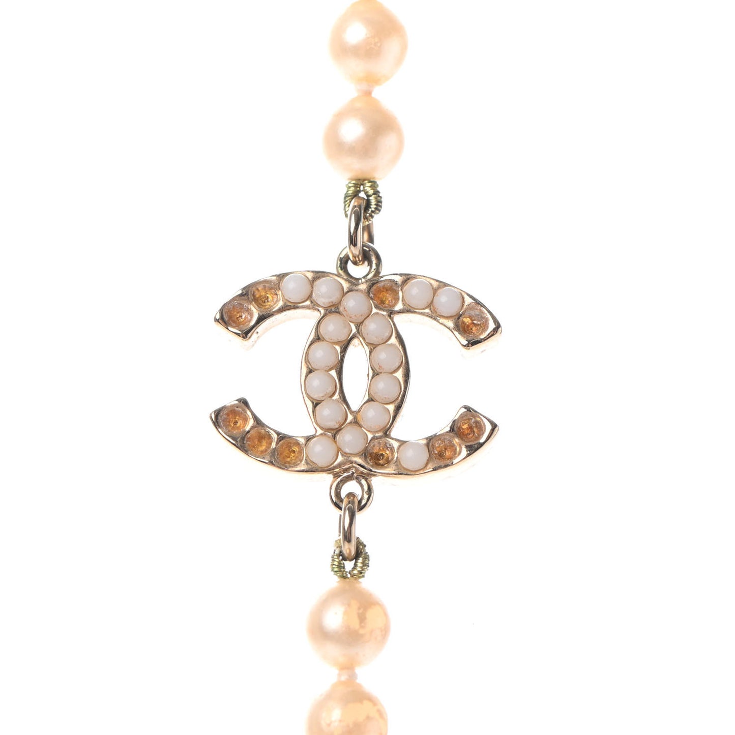Graduated Pearl CC Long Necklace Light Gold