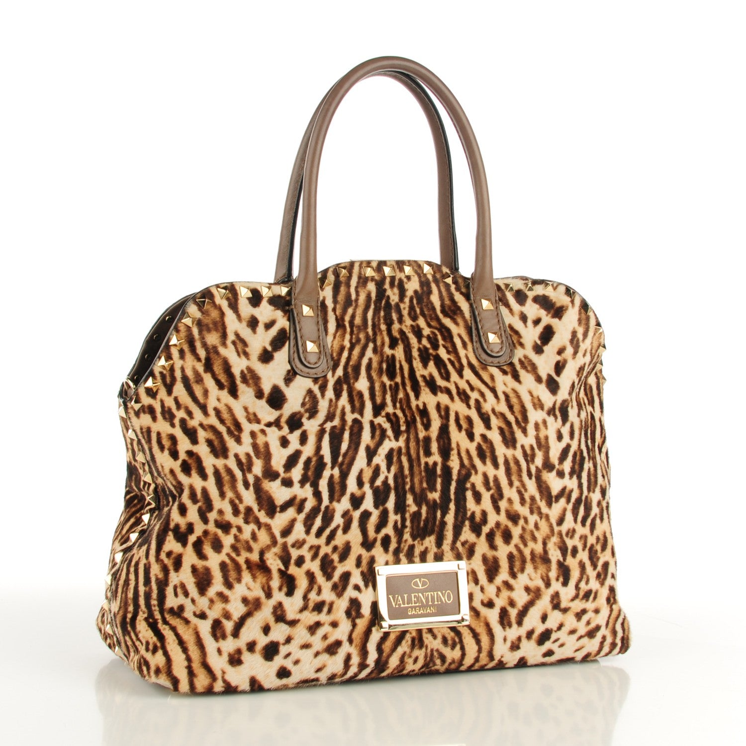 Valentino Garavani Calf Hair Cavallino Animal Rockstud Dome Satchel Leopard 3 of 8