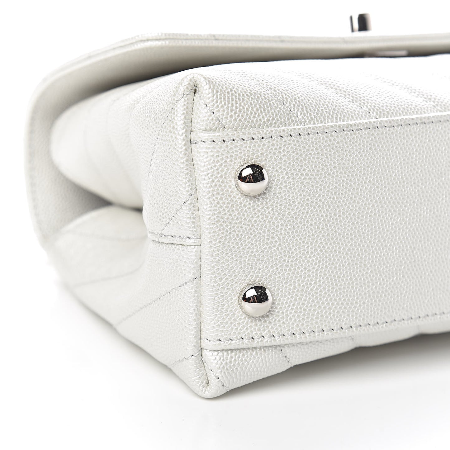 Iridescent Caviar Chevron Quilted Mini Coco Handle Flap White