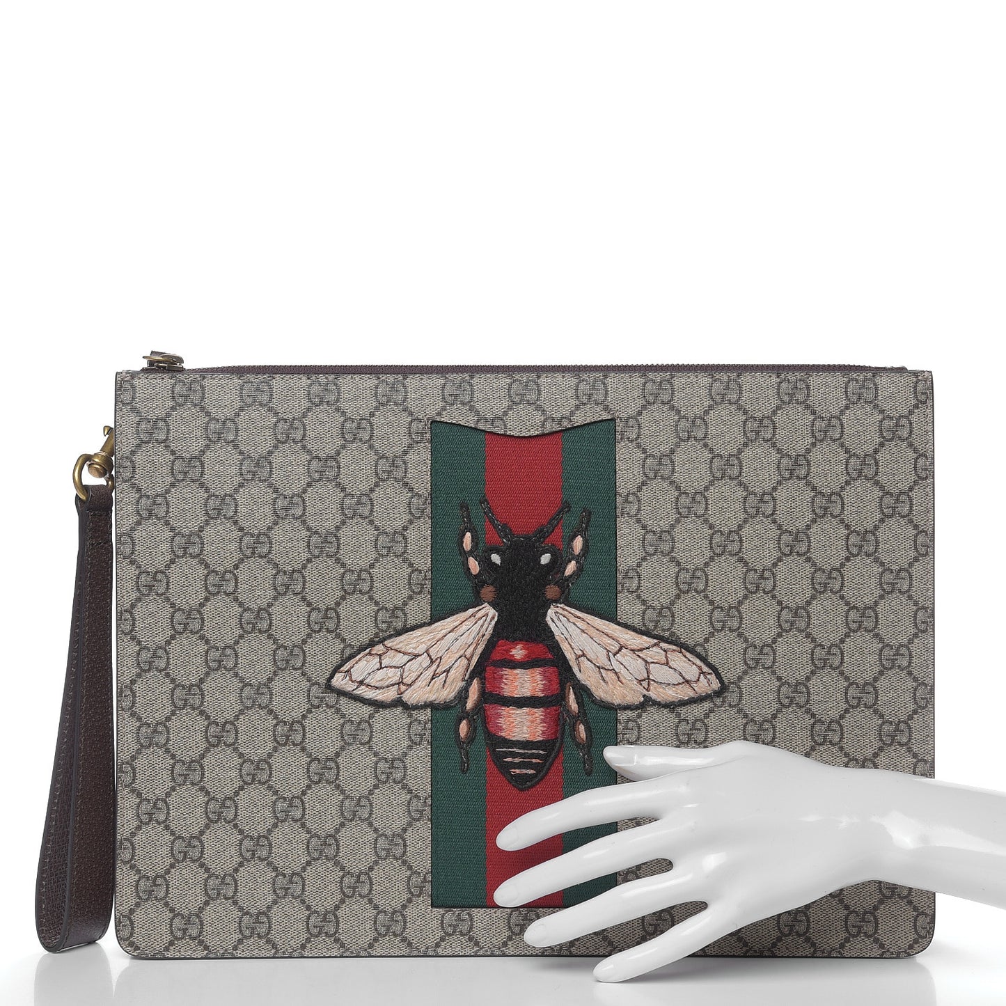 GG Supreme Monogram Web Animalier Bee Embroidered Medium Documents Holder Beige New Acero
