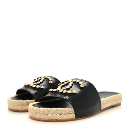 Chanel Patent Calfskin Crystal CC Espadrille Slip On Sandals 38 Black 3 of 9