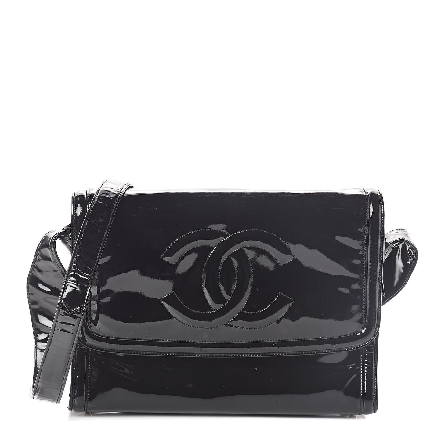 Patent CC Flap Shoulder Bag Black