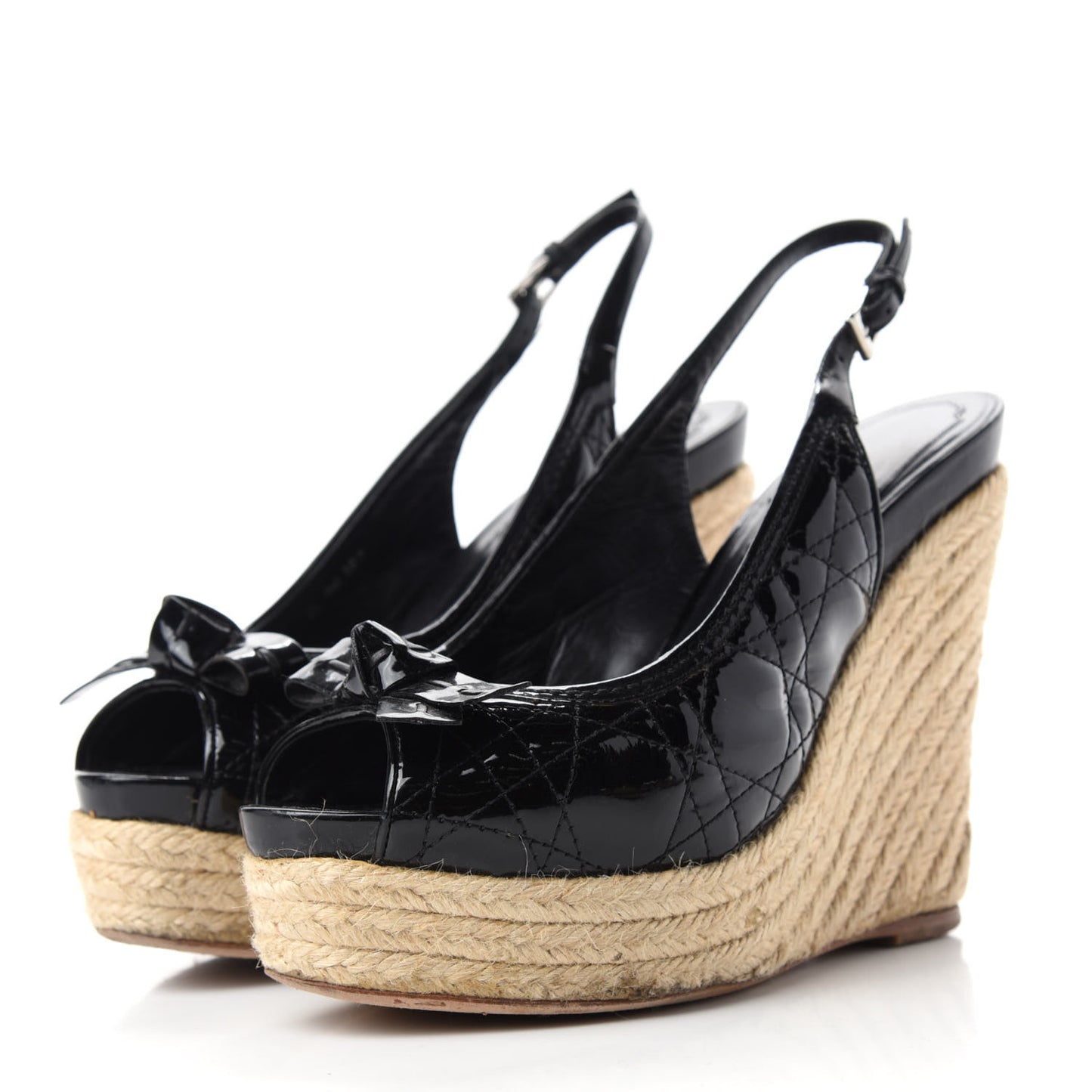 Patent Cannage Ribbon Wedge Sandals 38.5 Black
