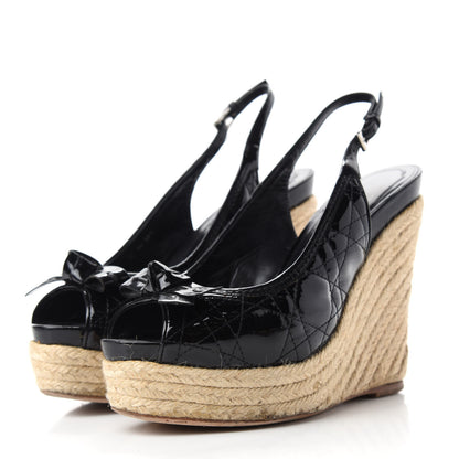 Christian Dior Patent Cannage Ribbon Wedge Sandals 38.5 Black 3 of 16