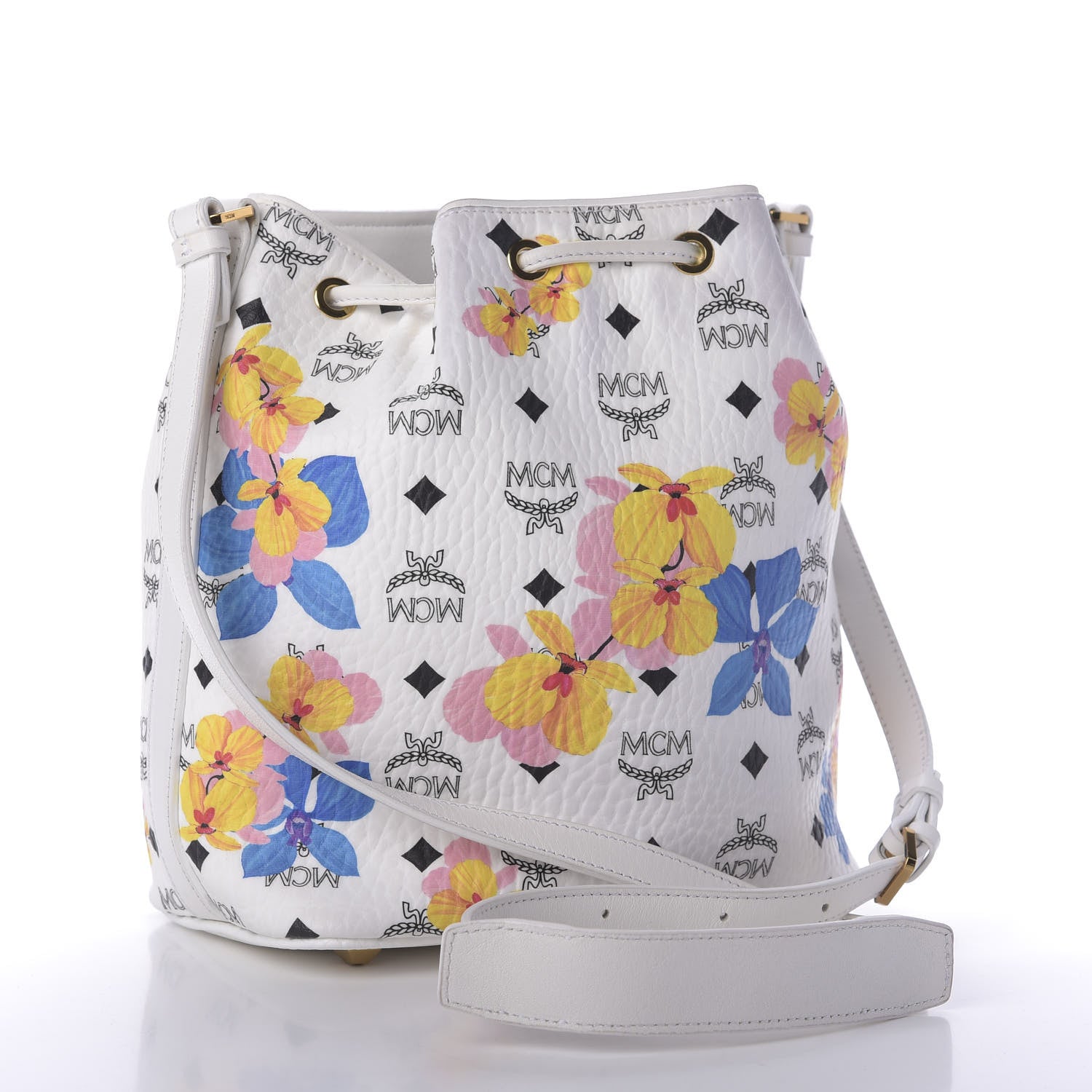 MCM Visetos Floral Print Small Drawstring Bucket Bag White 4 of 10