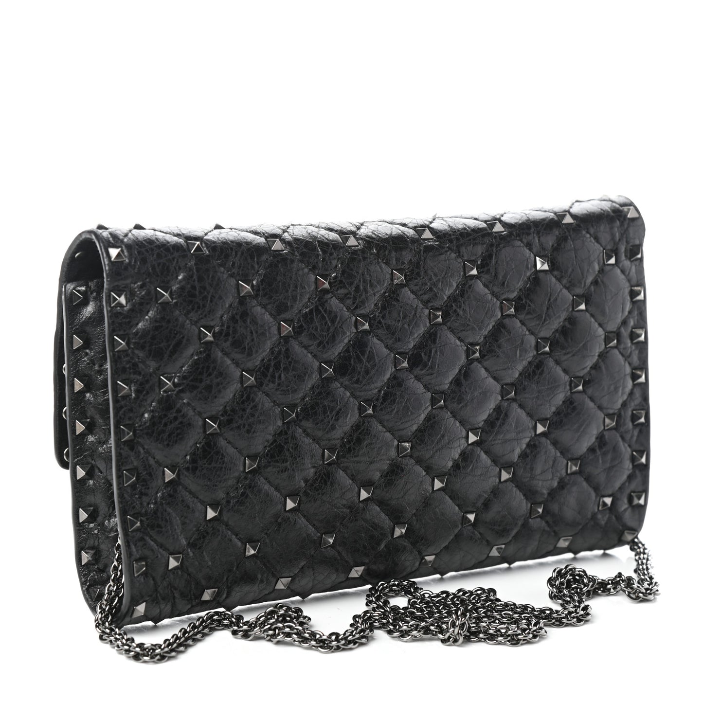 Craquele Nappa Rockstud Spike Wallet on Chain Black