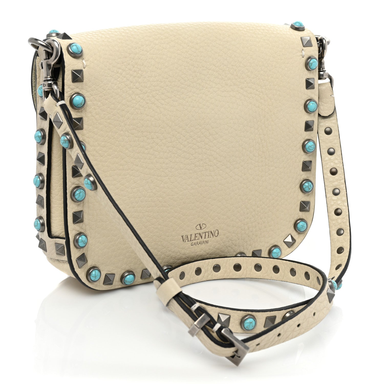 Valentino Garavani Grained Calfskin Turquoise Rockstud Rolling Flip Lock Crossbody Bag Light Ivory 3 of 14