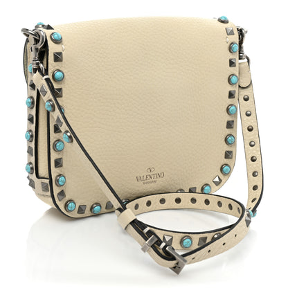 Valentino Garavani Grained Calfskin Turquoise Rockstud Rolling Flip Lock Crossbody Bag Light Ivory 3 of 14