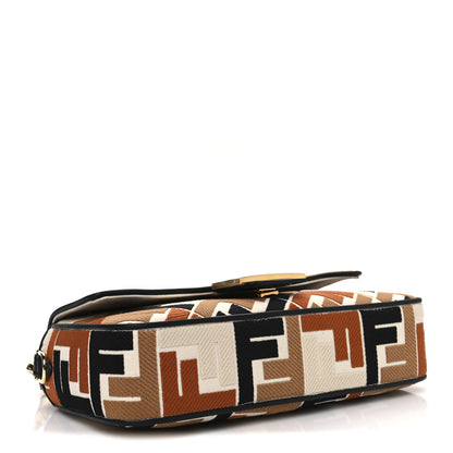 Fendi Canvas Vitello Seta FF Multicolor Embroidered Baguette Brandy Black 4 of 11