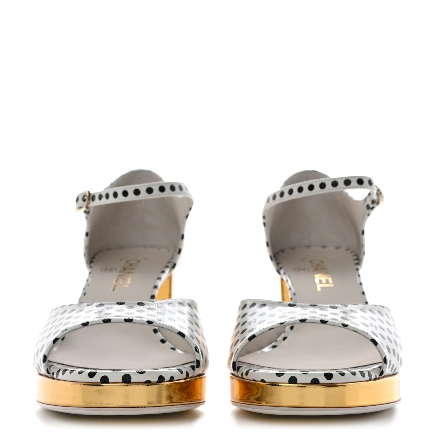 Chanel Printed Calfskin Polka Dot CC Platform Sandals 38 Ivory Black 2 of 9