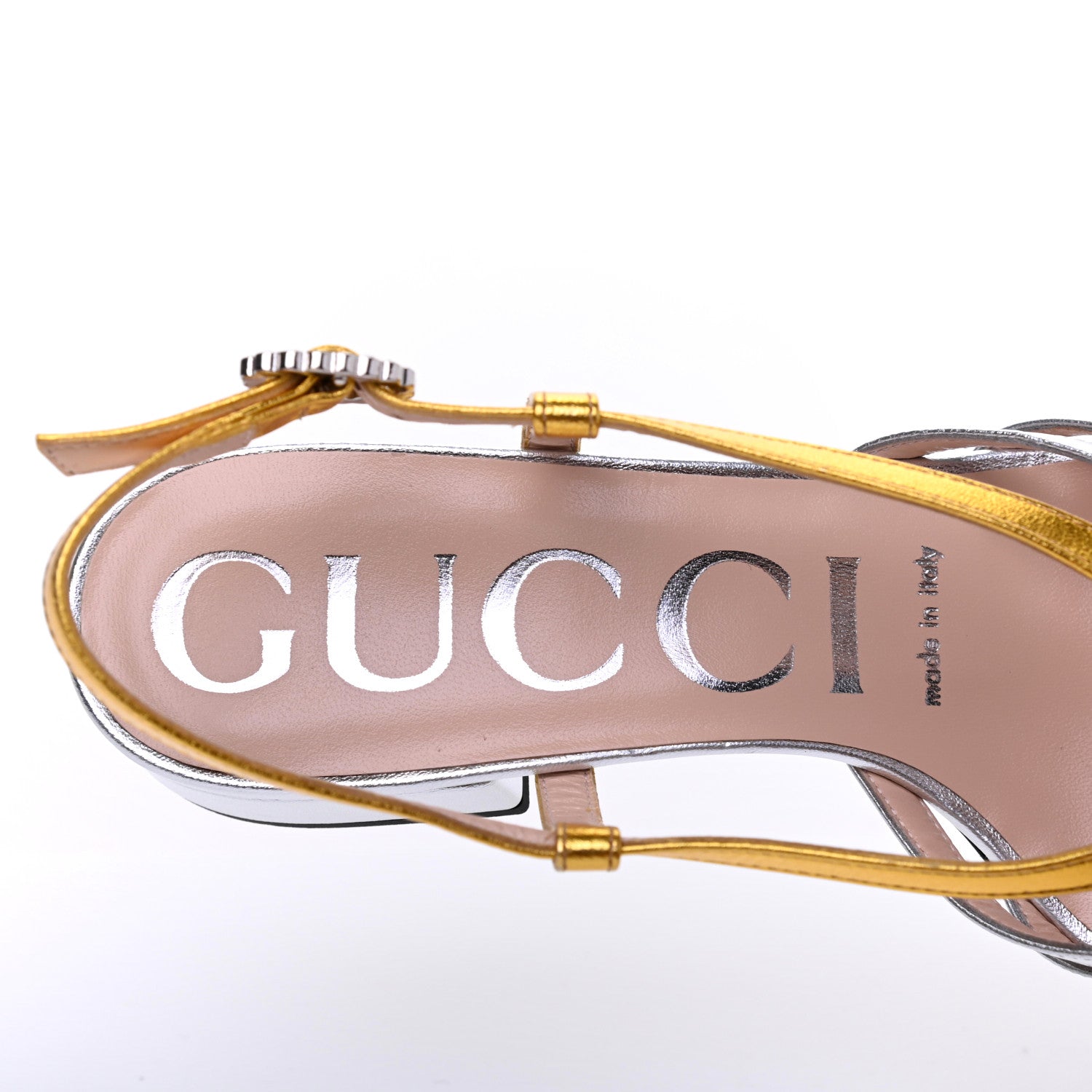Gucci Metallic Nappa Crystal Zephyra Slingback Low Heel Sandals 35 Silver Gold 7 of 9