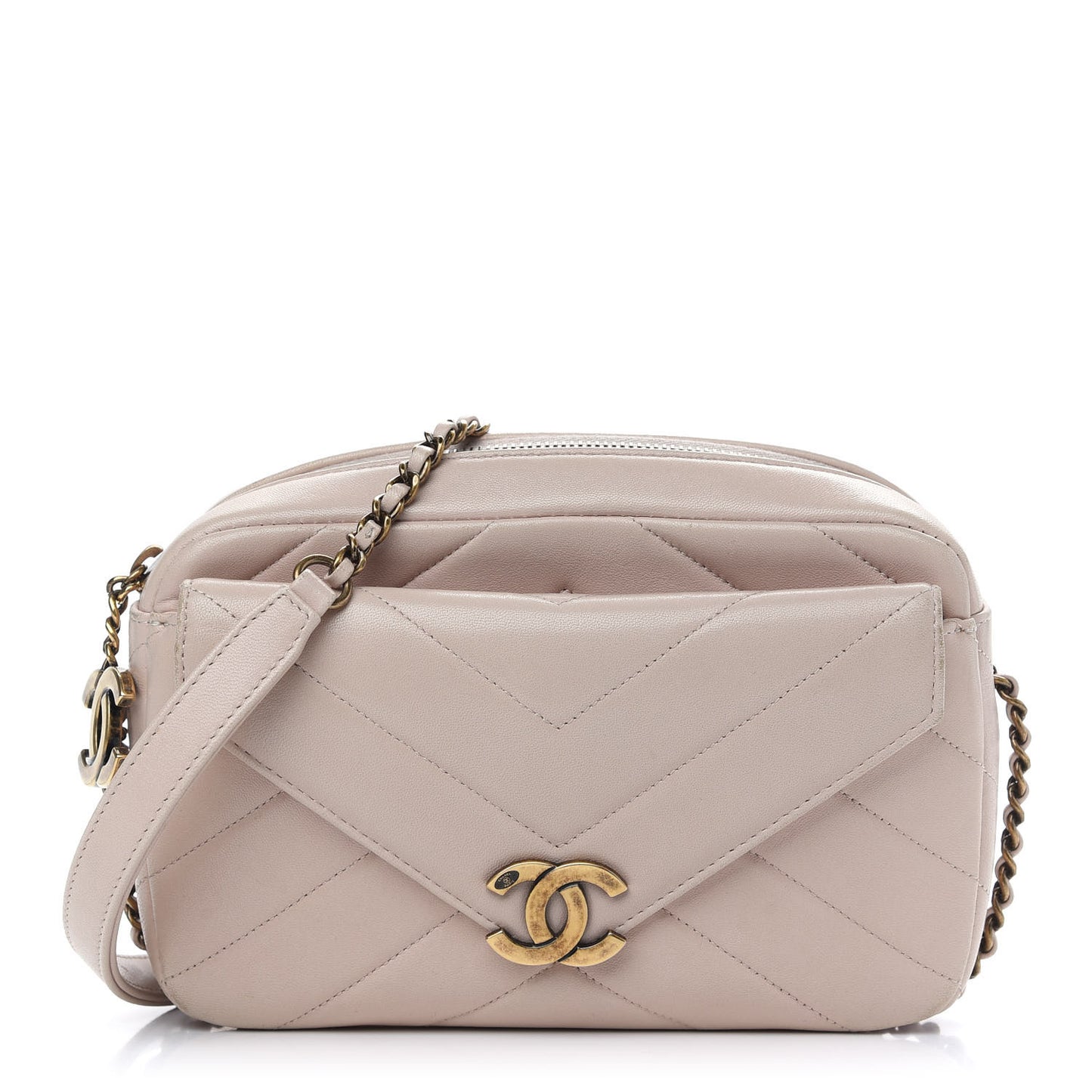 Shiny Lambskin Chevron Stitched Small Coco Camera Case Beige