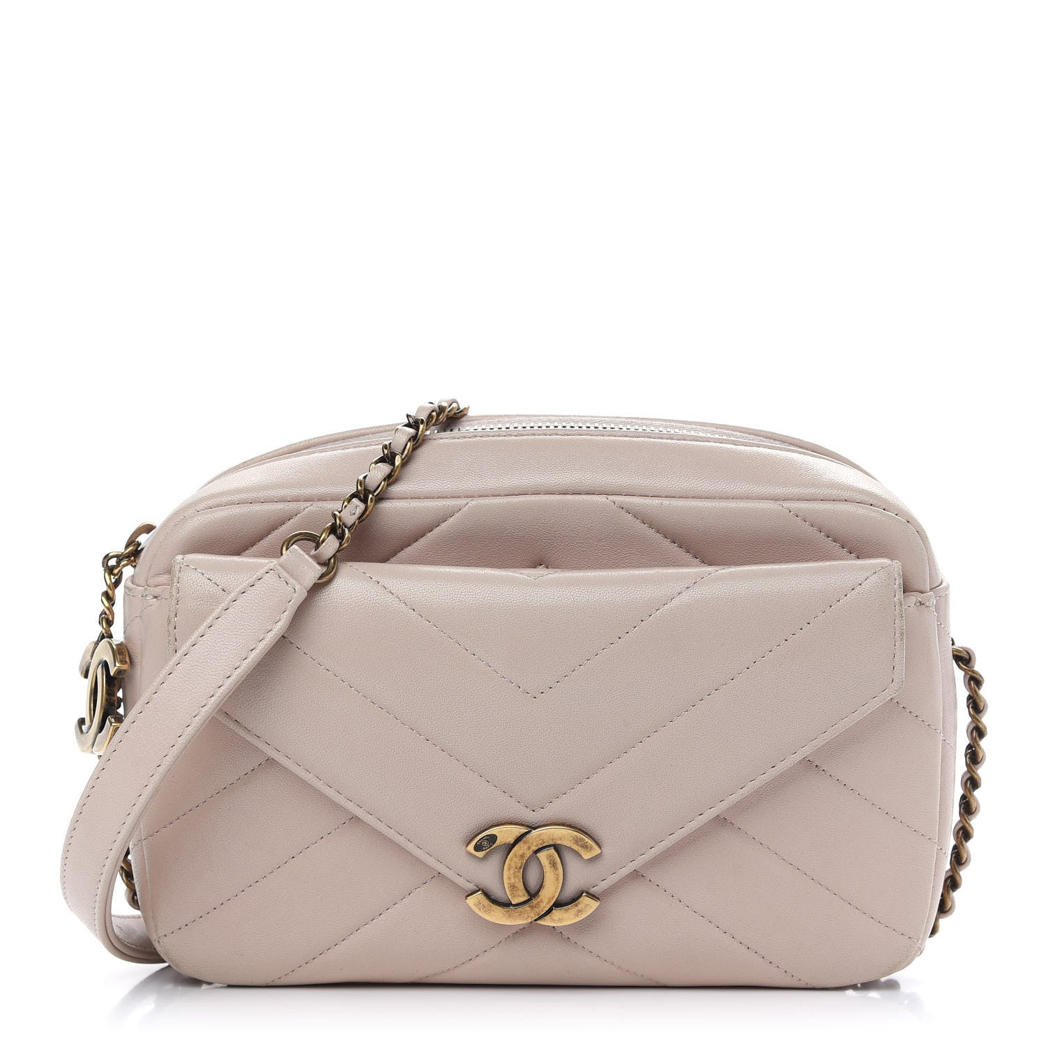 Chanel Shiny Lambskin Chevron Stitched Small Coco Camera Case Beige 1 of 12
