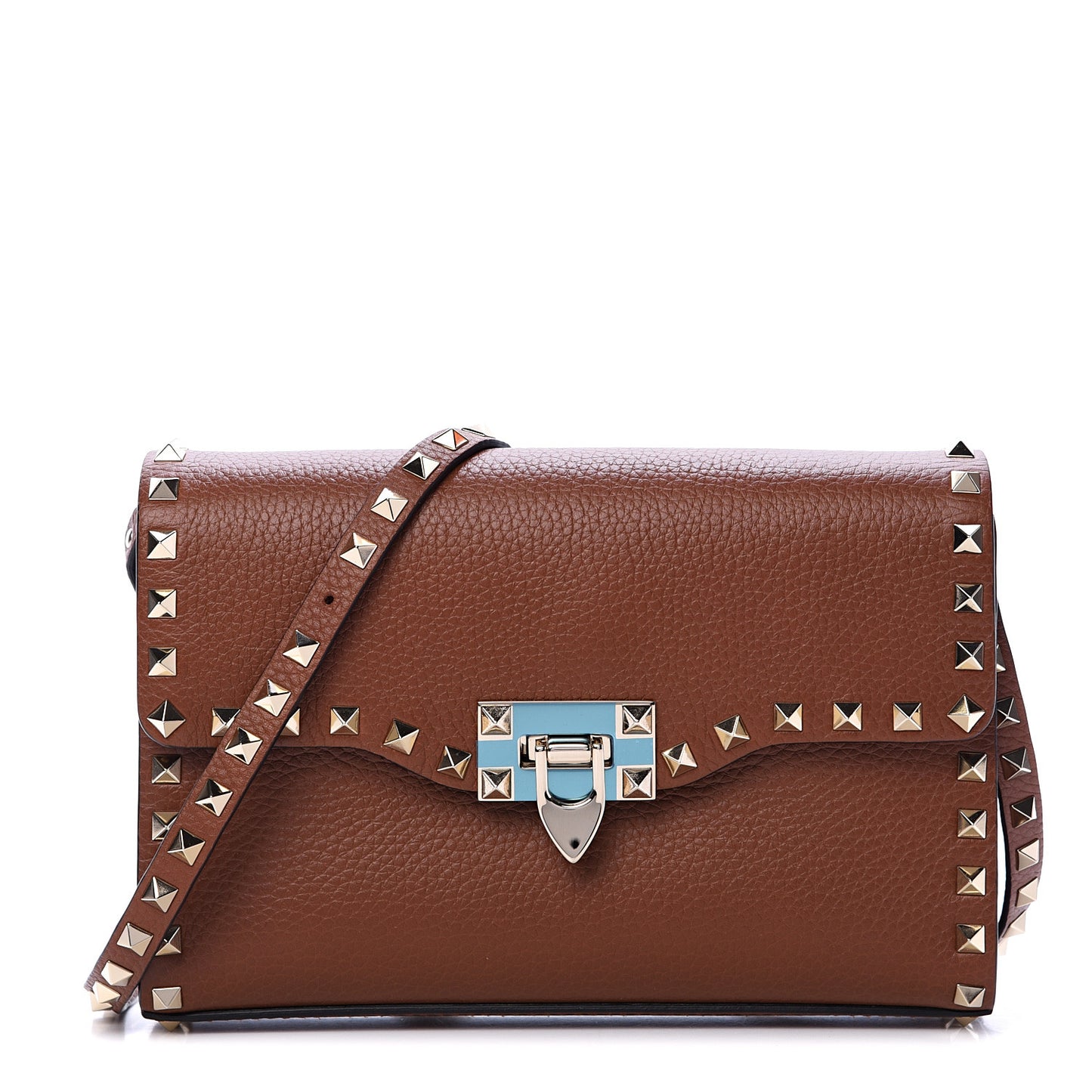 Pebbled Calfskin Medium Rockstud Flip Lock Crossbody Bag Saddle Brown