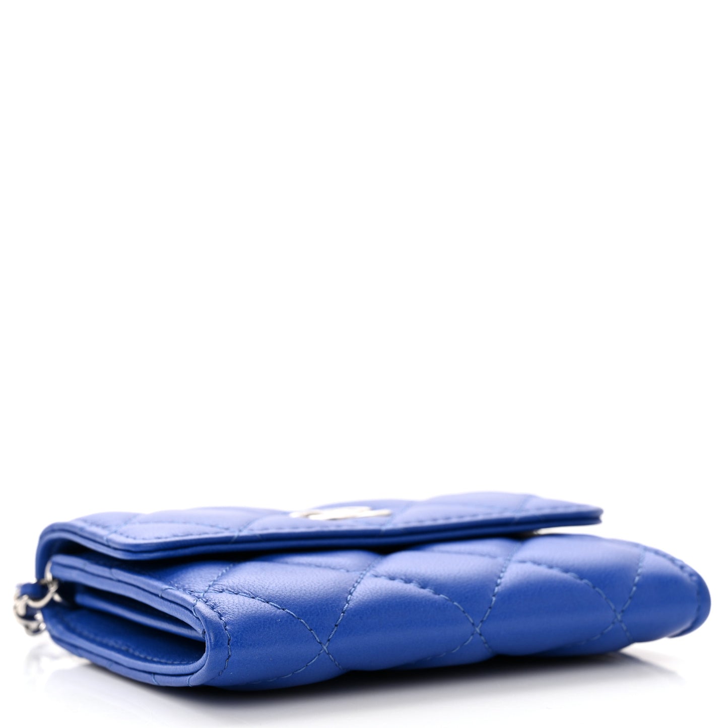 Lambskin Quilted Flap Card Holder On Chain Blue
