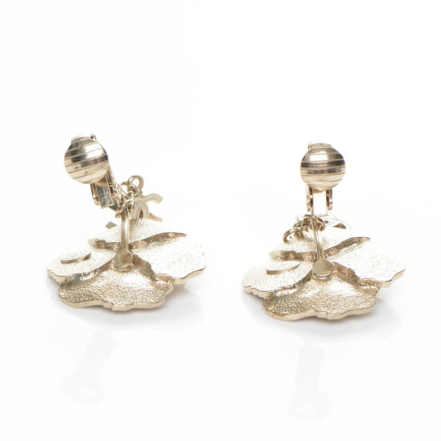 Enamel Crystal CC Camellia Drop Clip On Earrings Pink Gold