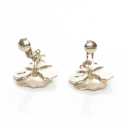 Chanel Enamel Crystal CC Camellia Drop Clip On Earrings Pink Gold 3 of 4