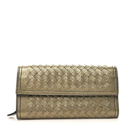 Bottega Veneta Metallic Nappa Intrecciato Continental Flap Wallet Champagne 1 of 9