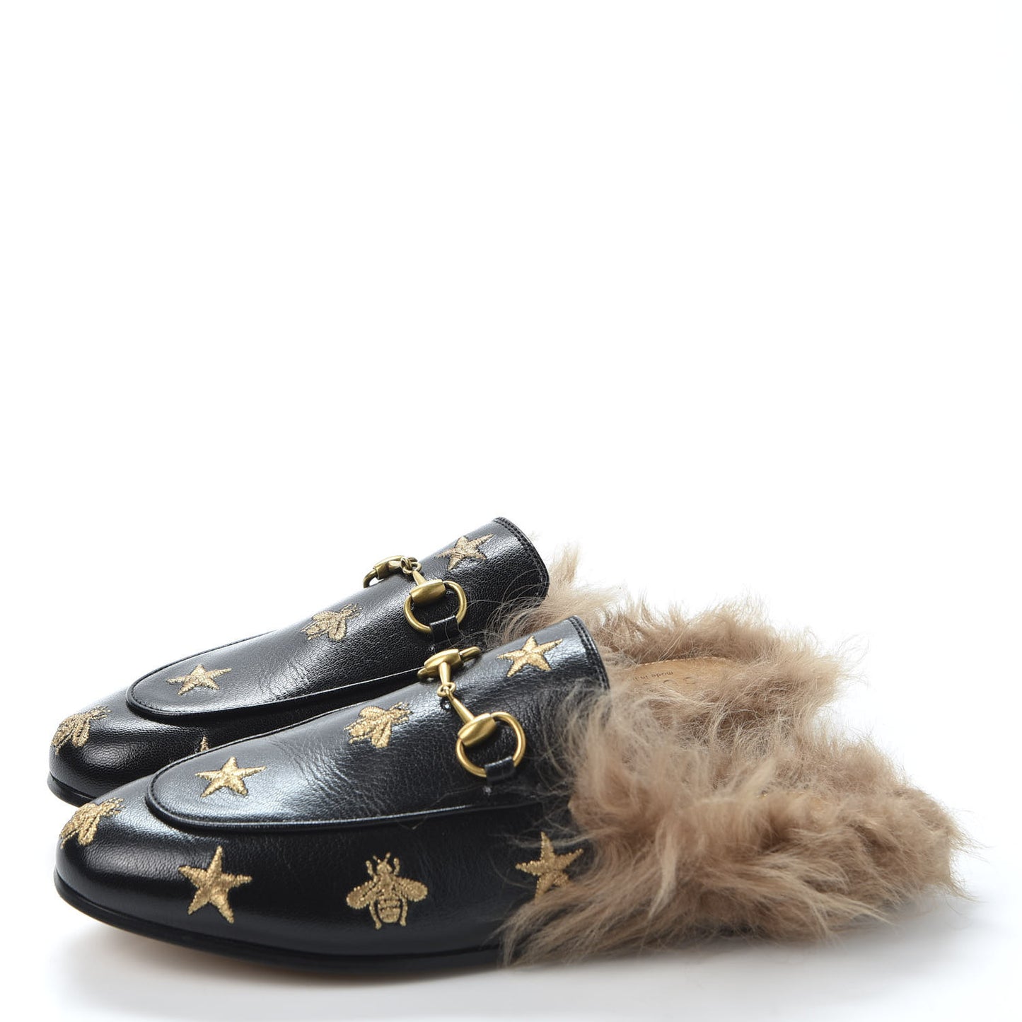 Goatskin Fur Bee Star Embroidered Womens Princetown Slippers 36.5 Black