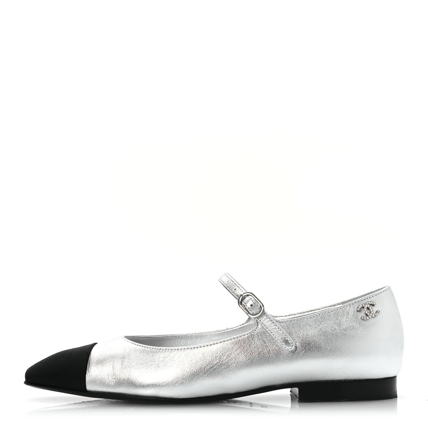 Laminated Calfskin Grosgrain Mary Janes Flats 36.5 Silver Black