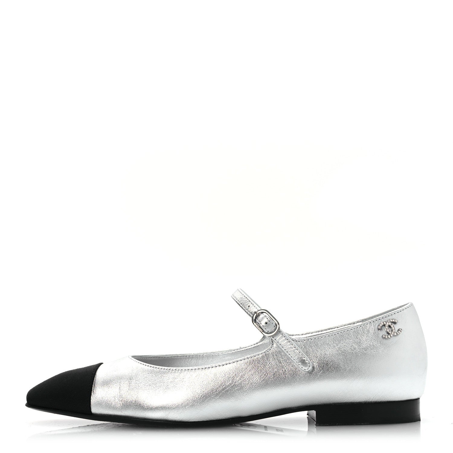 Chanel Laminated Calfskin Grosgrain Mary Janes Flats 36.5 Silver Black 1 of 11