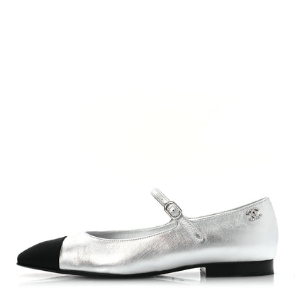 Chanel Laminated Calfskin Grosgrain Mary Janes Flats 36.5 Silver Black 1 of 11
