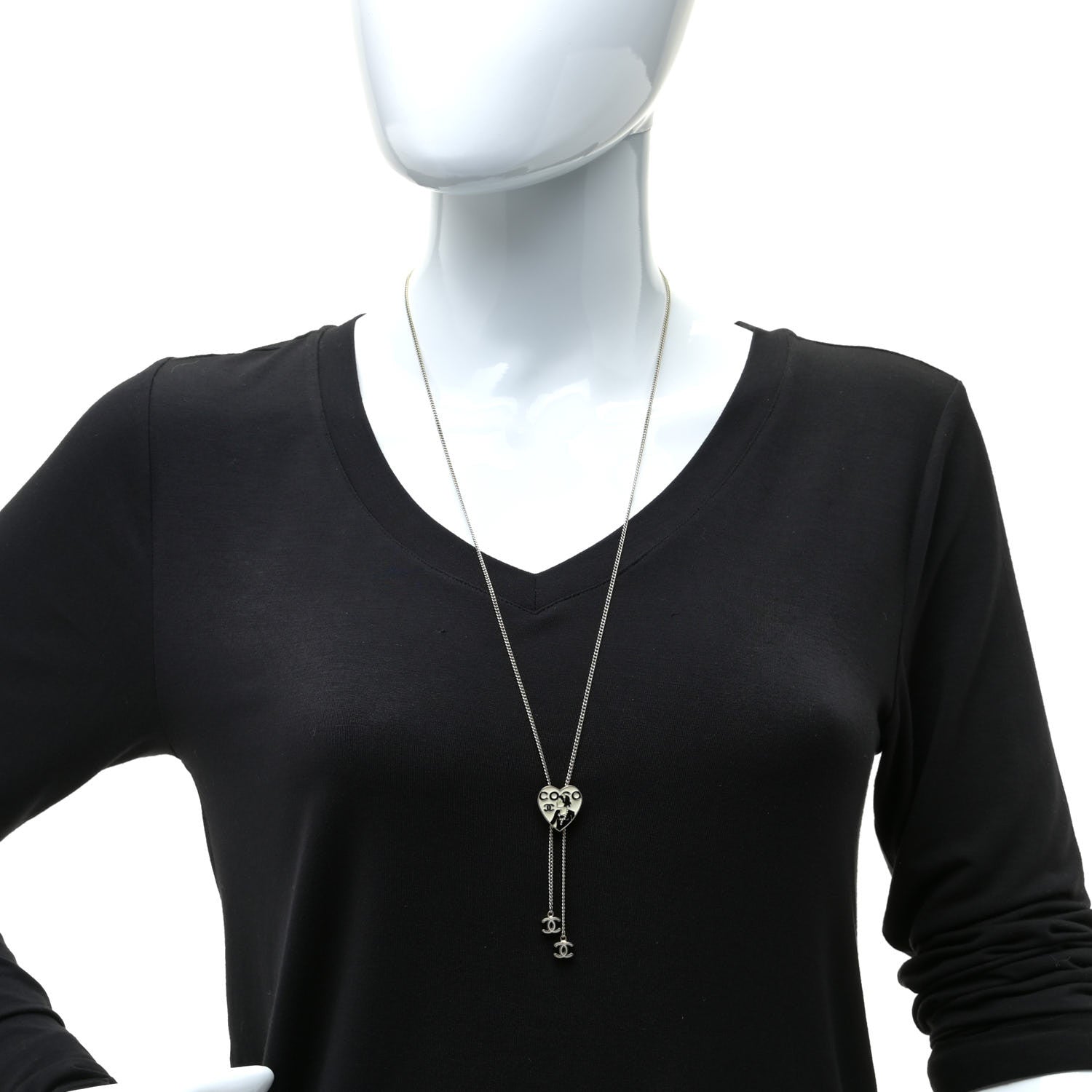 Chanel Enamel Coco Heart CC Lariat Necklace Light Gold 2 of 5