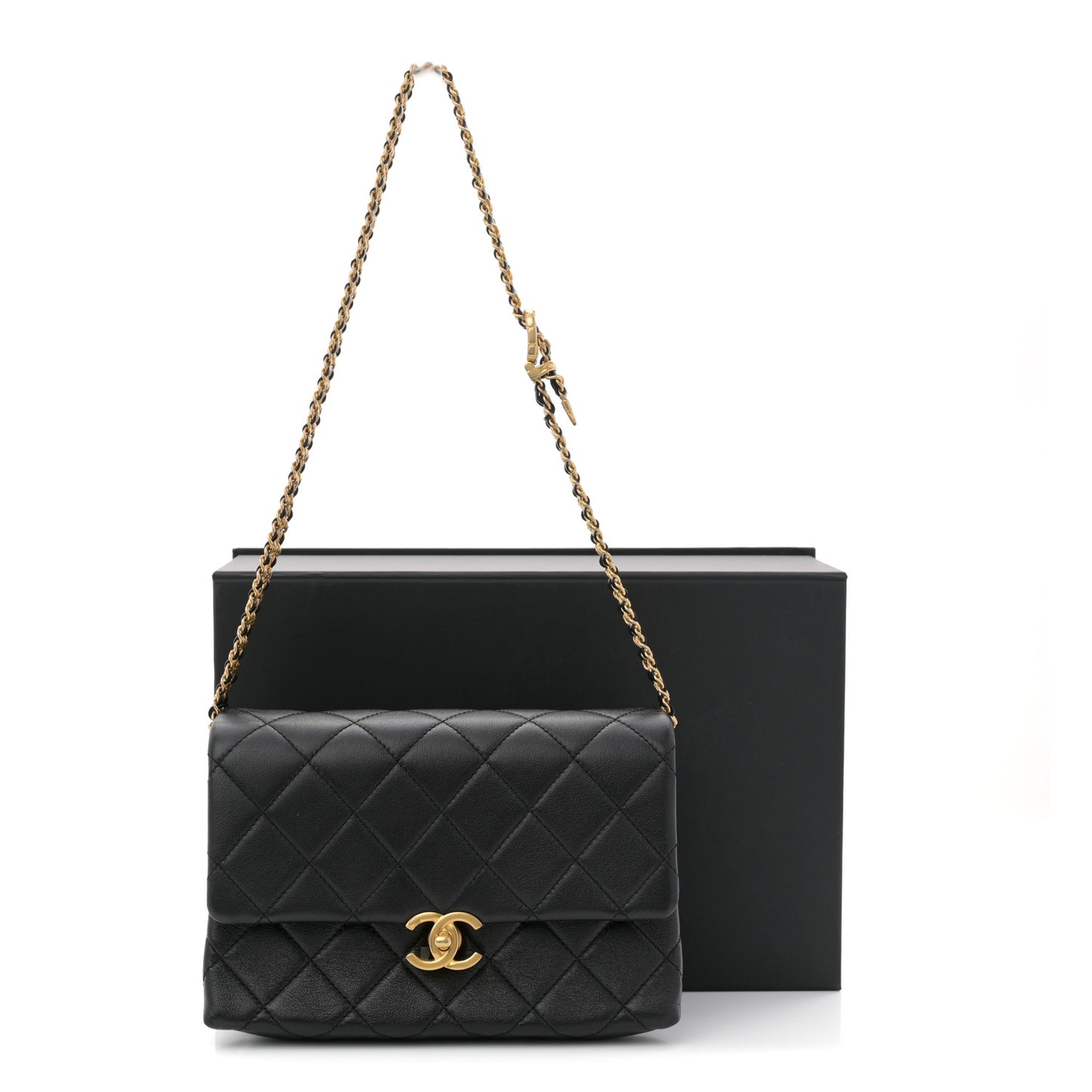 Calfskin Quilted Belt Chain Flap Black